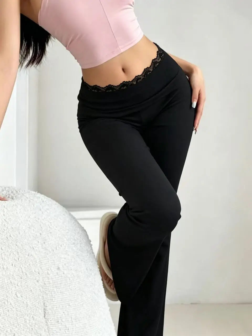 Women's High-Waisted Lace Flare Pants – Stretchy Elegant Leggings