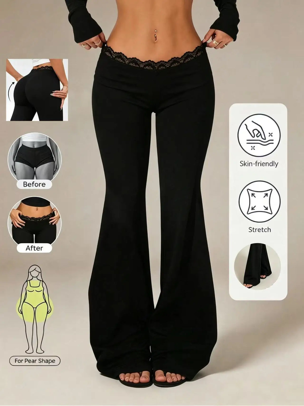Women's High-Waisted Lace Flare Pants – Stretchy Elegant Leggings